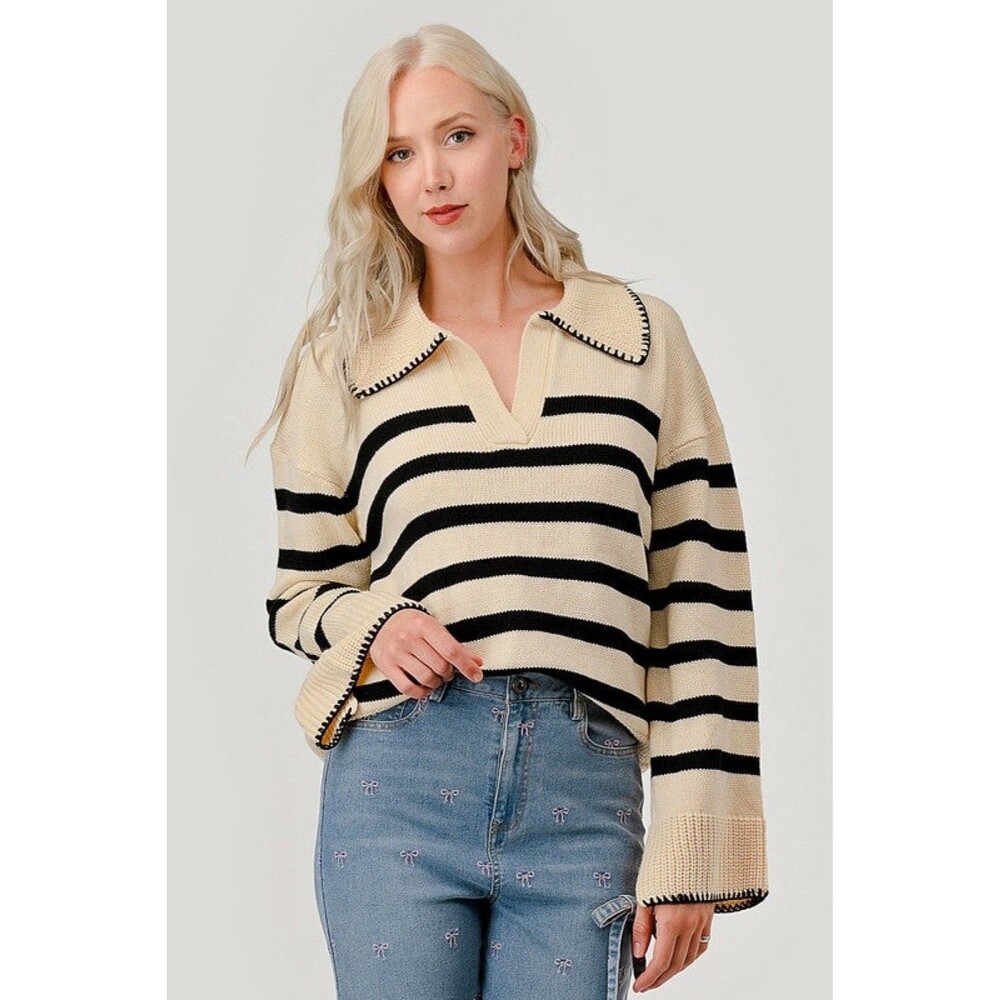 Unbranded Women’s Collared Polo Sweater Cream & Navy Stripe 2XL Nautical Boho